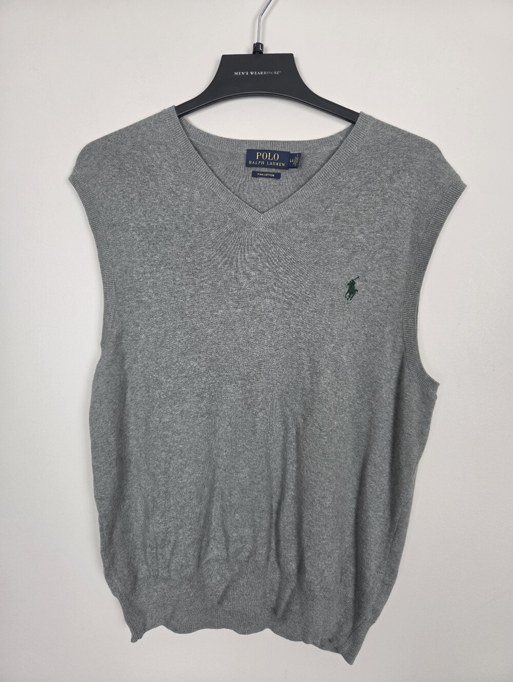 Polo Ralph Lauren Mens Large Grey Pima Cotton V-Neck Sweater Vest Embroidered